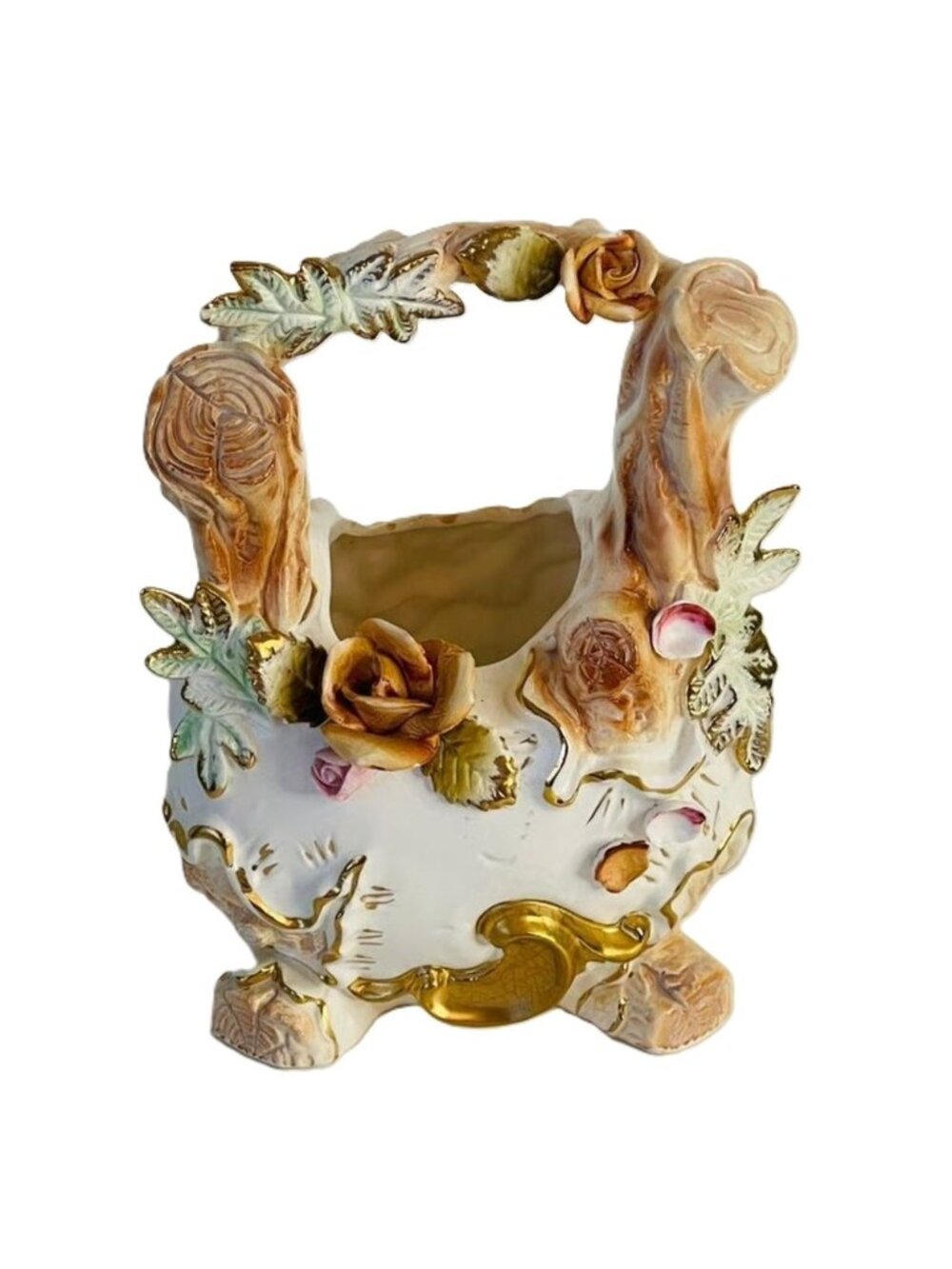 Vintage Lipper and Mann Japan 3D Floral Ceramic Basket Vase Planter